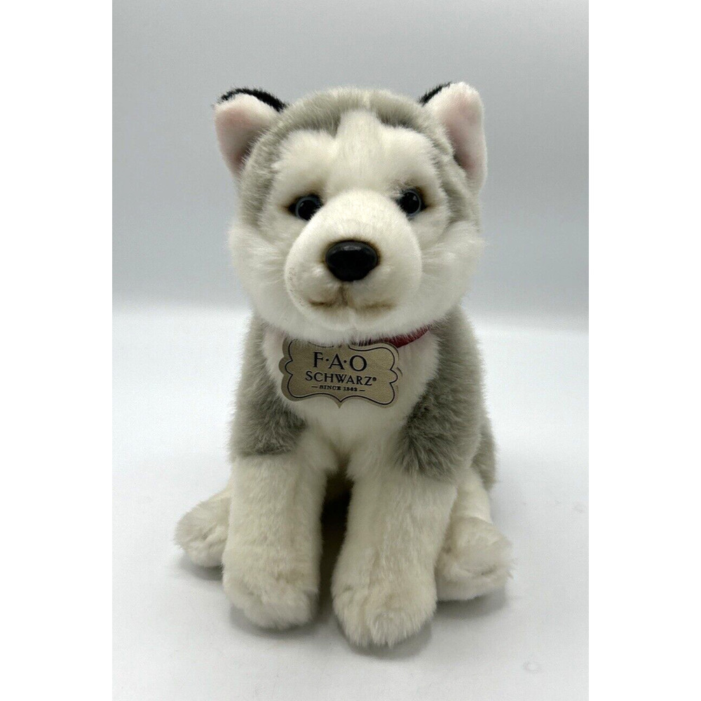 FAO Schwarz Plush Wolf Husky Stuffed Animal Puppy Dog Blue Eyes Realistic 11 in